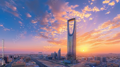 Kingdom Tower Sunset: Riyadh's modern skyline shimmers under a vibrant sunset, with the iconic Kingdom Tower standing tall against the golden sky. 