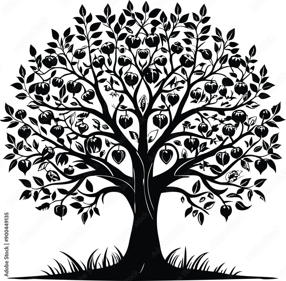Black and white apple tree silhouette