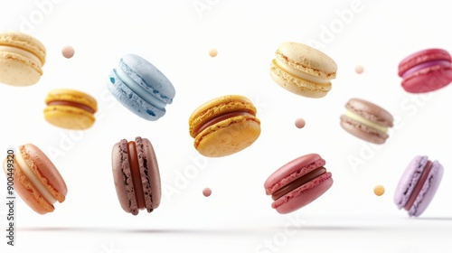 Wallpaper Mural Colorful Macaron Dreams: A whimsical array of vibrant macarons float against a white background, creating a delightful and tempting visual for food bloggers, dessert lovers Torontodigital.ca