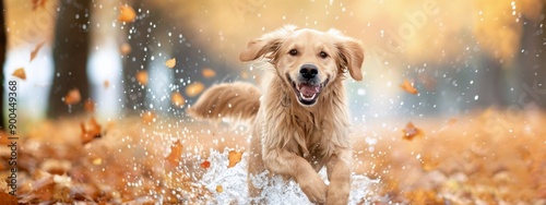Golden Retriever Running Through Autumn Leaves
