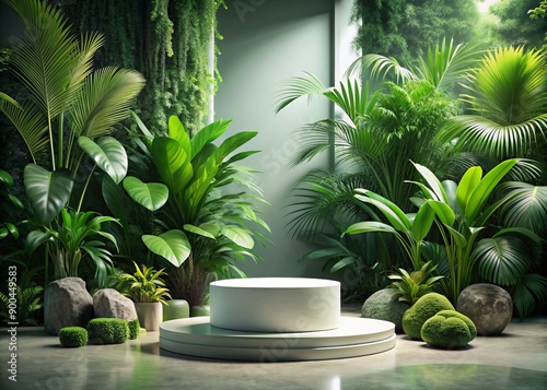 Podium background product green nature 3D forest stand white plant. Cosmetic background product podium display wood jungle studio garden beauty platform presentation mockup pedestal stone tropical © Autun