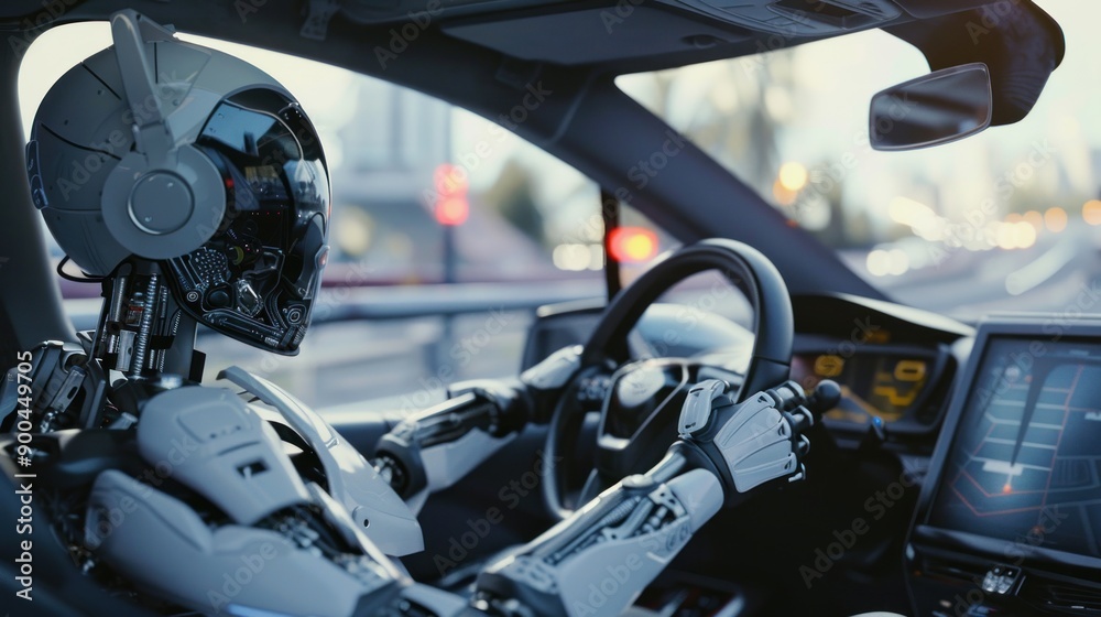 Fototapeta premium Humanoid robot driving a car on the highway