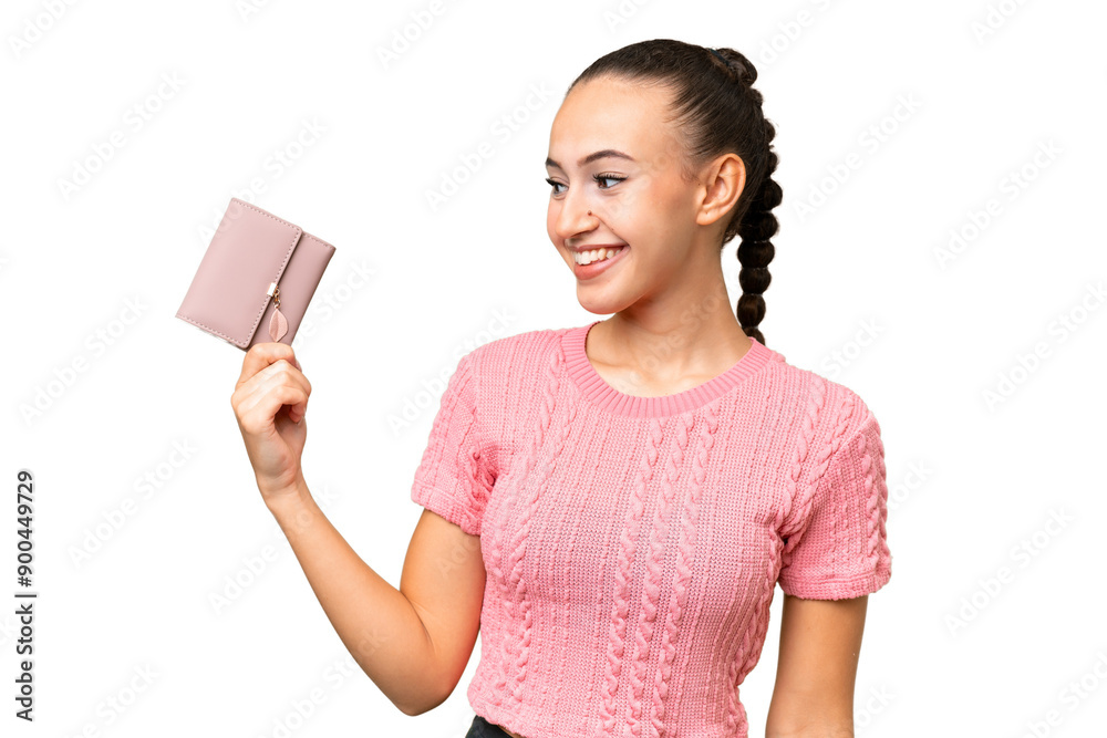 Young Arab woman holding a wallet over isolated background with happy expression Young Arab woman holding a wallet over isolated background with happy expression