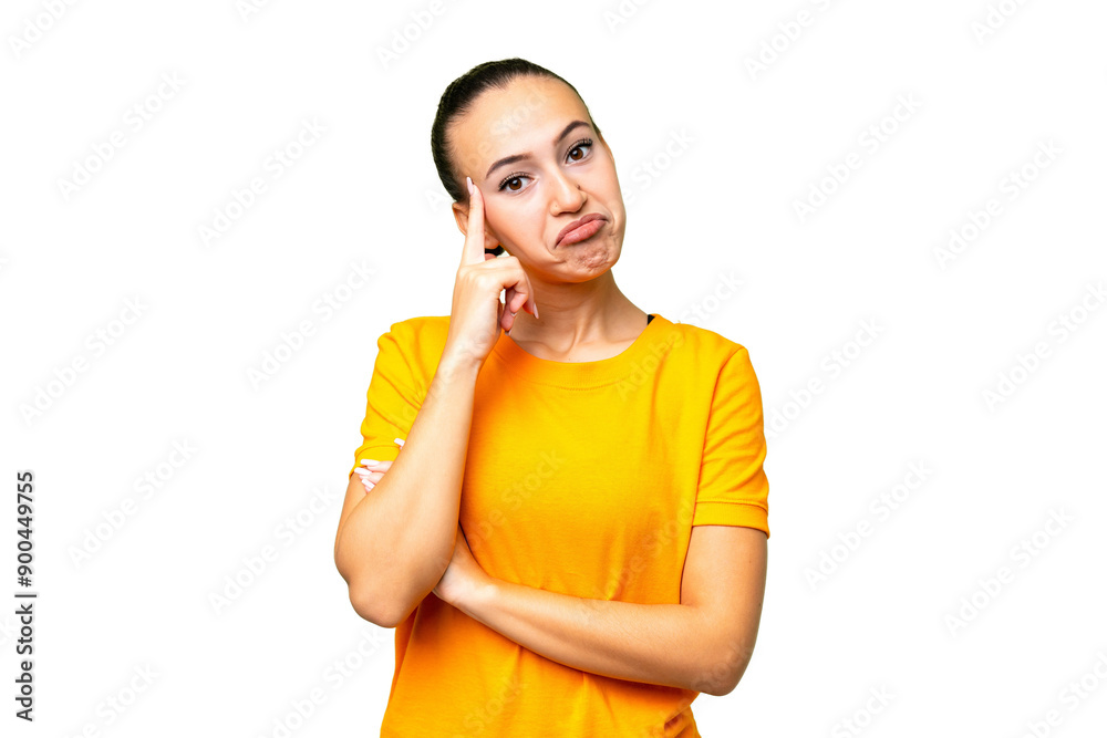 Young Arab woman over isolated background thinking an idea Young Arab woman over isolated background thinking an idea