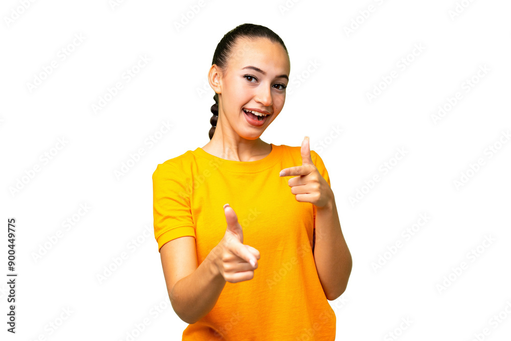 Young Arab woman over isolated background pointing to the front and smiling Young Arab woman over isolated background pointing to the front and smiling