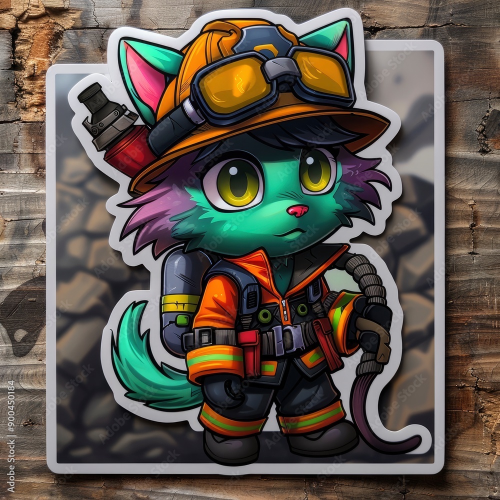 Cute Cartoon Cat Firefighter Sticker Cute Cartoon Cat Firefighter Sticker