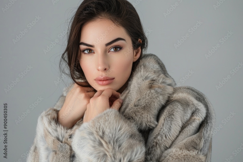 A woman posing in a luxurious fur coat, perfect for editorial or commercial use A woman posing in a luxurious fur coat, perfect for editorial or commercial use