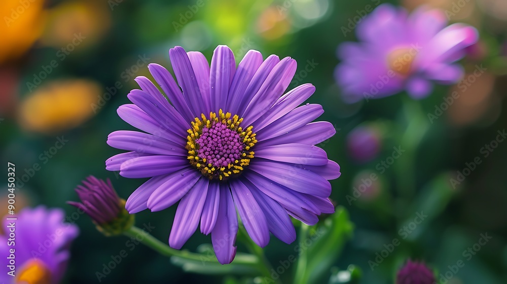 Detailed close-up of a vibrant purple aster flower, showcasing its delicate petals and intricate center Detailed close-up of a vibrant purple aster flower, showcasing its delicate petals and intricate center