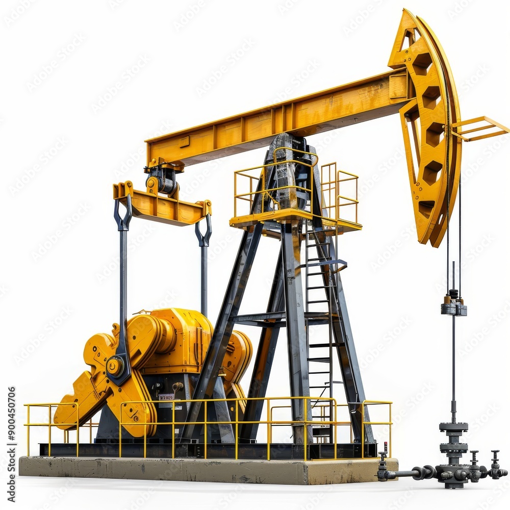 Yellow oil pumpjack isolated on a white background. Industrial equipment. Yellow oil pumpjack isolated on a white background. Industrial equipment.