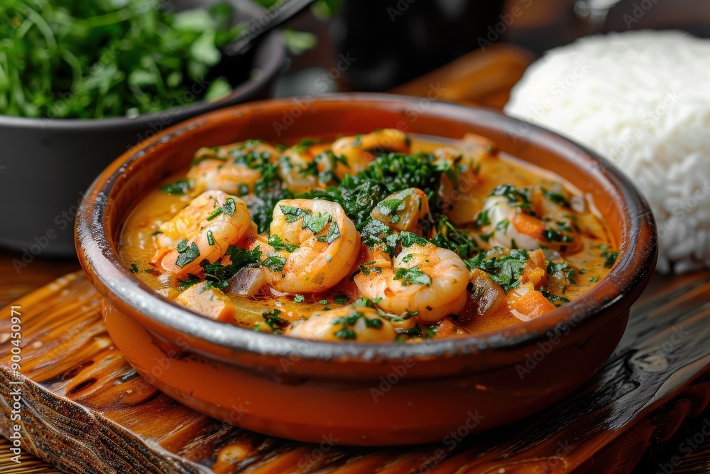 A bowl of bob de camaro, a shrimp stew with manioc cream, coconut milk, and palm oil, served with a side of white rice. A bowl of bob de camaro, a shrimp stew with manioc cream, coconut milk, and palm oil, served with a side of white rice.