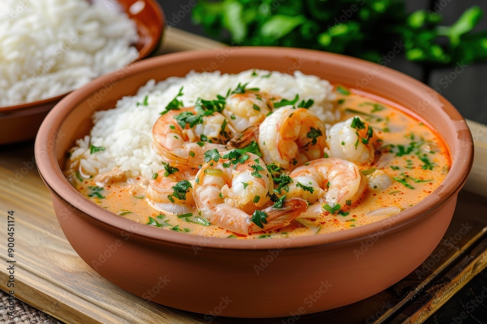 A bowl of bob de camaro, a shrimp stew with manioc cream, coconut milk, and palm oil, served with a side of white rice. A bowl of bob de camaro, a shrimp stew with manioc cream, coconut milk, and palm oil, served with a side of white rice.