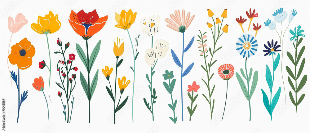 A row of colorful flowers with a variety of colors and sizes
