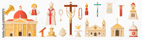 A collection of religious Christian icons and symbols, including a cross, a rosary photo