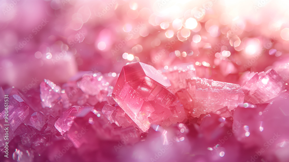 Background with pink crystals. Pink glass crystals with reflections of light. Abstract background with bokeh effect. AI generative