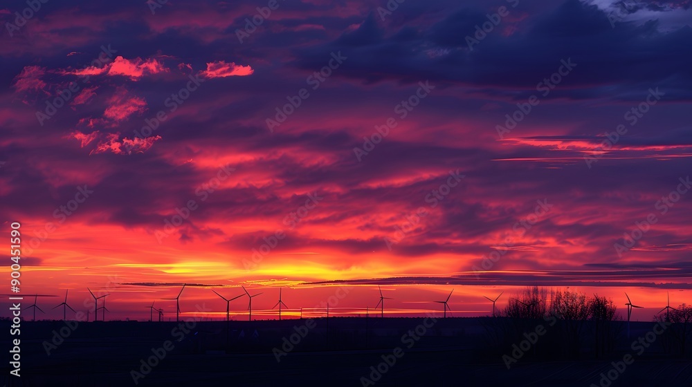 Fototapeta premium Wind turbine field at sunset, dramatic sky. 