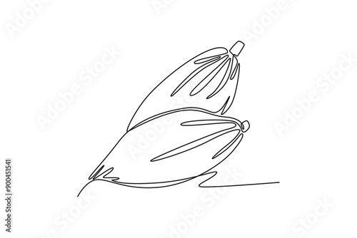 Continuous one line drawing of whole healthy organic cocoa bean for plantation logo identity. Fresh cacao concept for delicious chocolate shop icon. Single line draw design vector graphic illustration