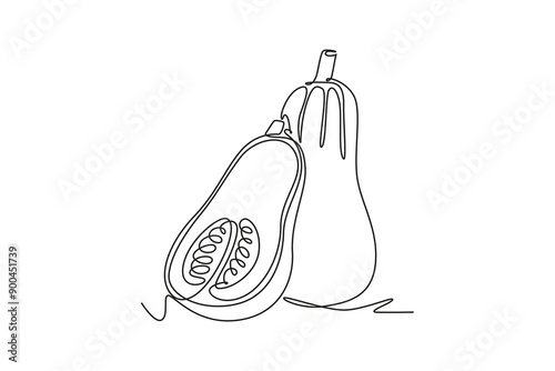 Single continuous line drawing whole and sliced healthy organic butternut squash for plantation logo identity. Fresh winter pumpkin for vegetable icon. One line draw graphic design vector illustration