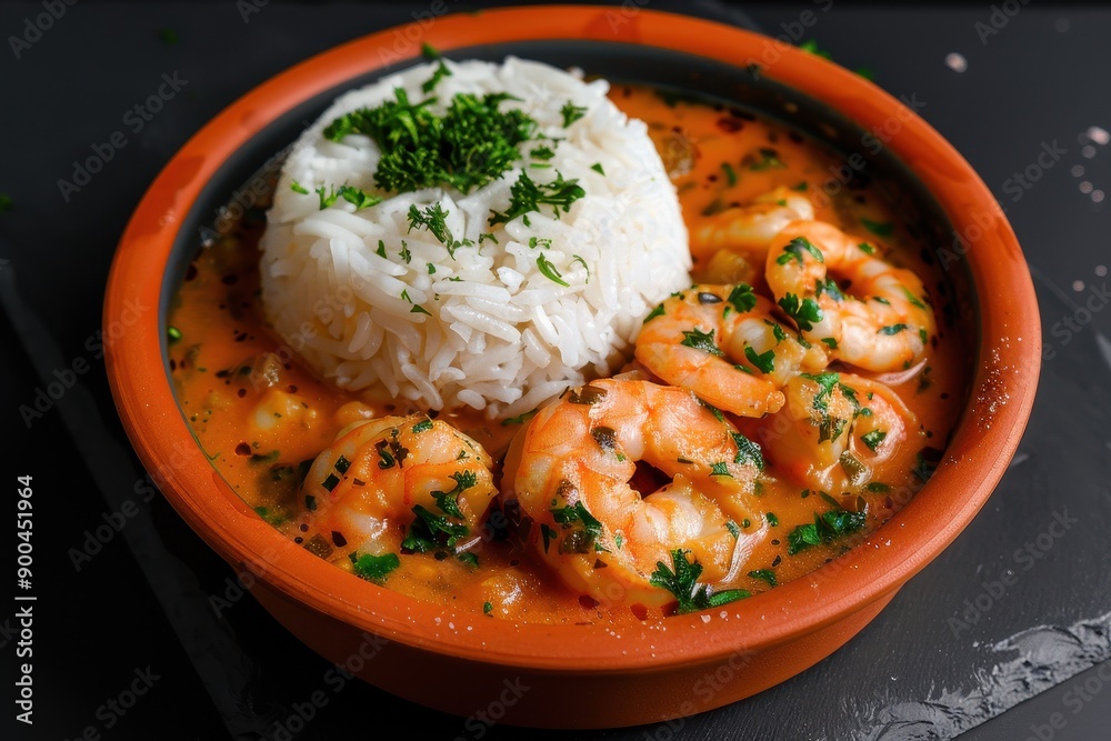 A bowl of bob de camaro, a shrimp stew with manioc cream, coconut milk, and palm oil, served with a side of white rice. A bowl of bob de camaro, a shrimp stew with manioc cream, coconut milk, and palm oil, served with a side of white rice.