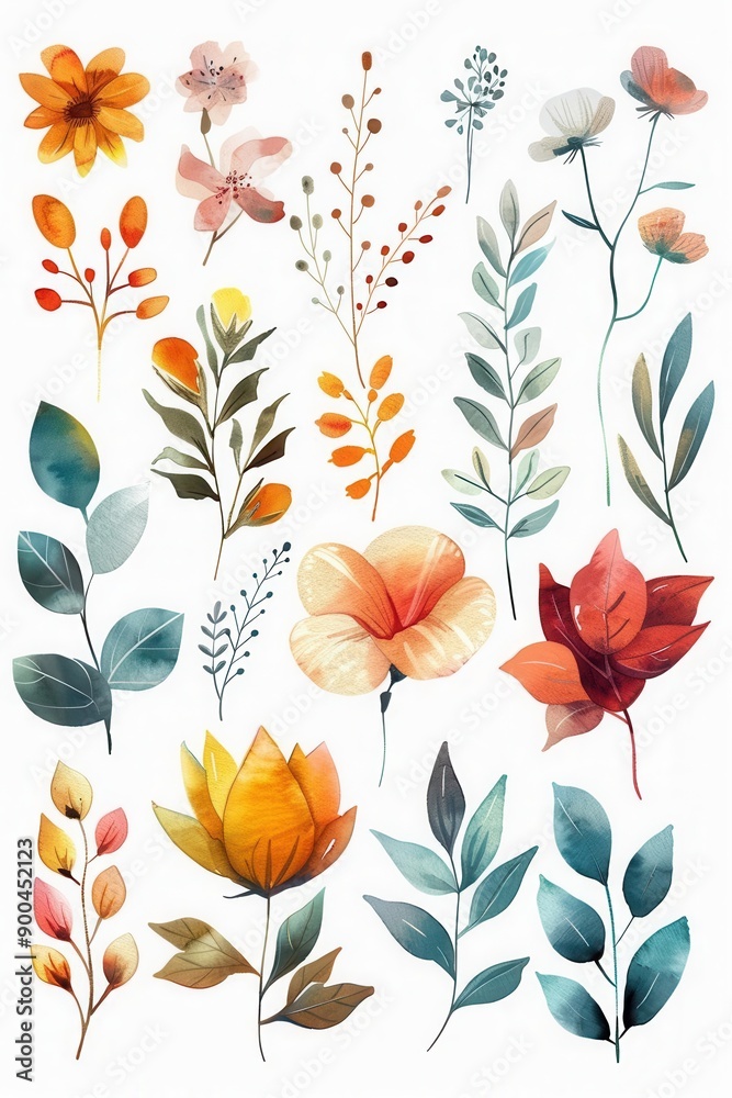 Boho-inspired abstract watercolor flowers, leaves, and branches, vector clipart, multi-color palette, set on a white background, delicate and dreamy Boho-inspired abstract watercolor flowers, leaves, and branches, vector clipart, multi-color palette, set on a white background, delicate and dreamy