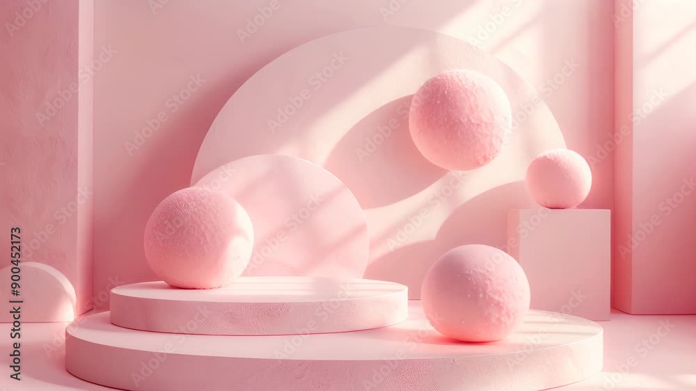 Abstract Geometric Art Display in Soft Pink Hues and Floating Forms Abstract Geometric Art Display in Soft Pink Hues and Floating Forms