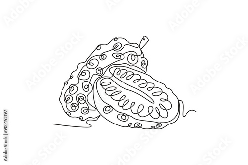 Single continuous line drawing whole half sliced healthy organic noni for orchard logo identity. Fresh tropical fruitage concept for fruit garden icon. One line draw graphic design vector illustration