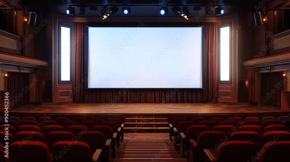 Empty Cinema Theater with Red Seats and Large Screen Empty Cinema Theater with Red Seats and Large Screen