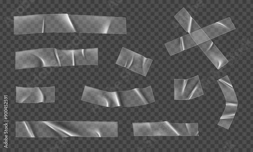 Vector set of realistic plastic transparent adhesive tape in different positions. 