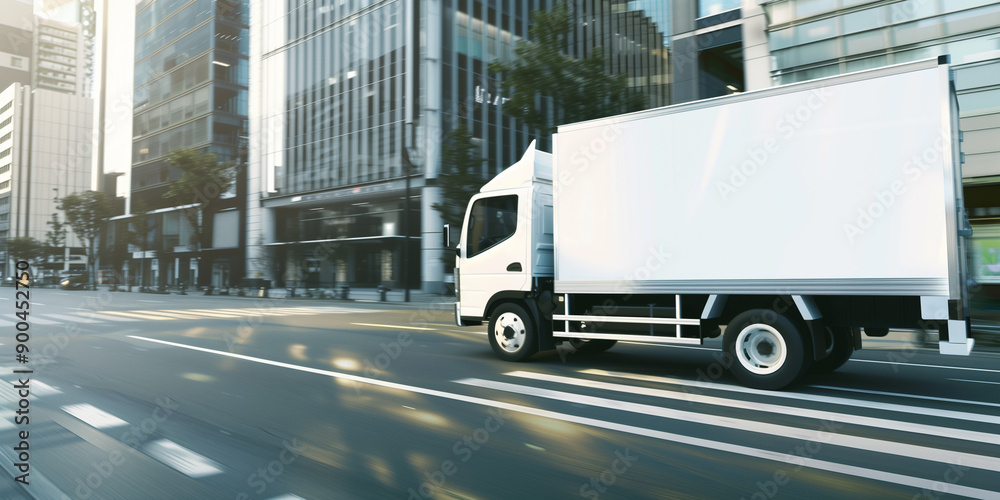 high-quality image featuring an empty poster mockup on the side of a moving truck. high-quality image featuring an empty poster mockup on the side of a moving truck.