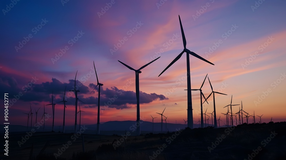 Wind turbine field at sunset, dramatic sky. Wind turbine field at sunset, dramatic sky.