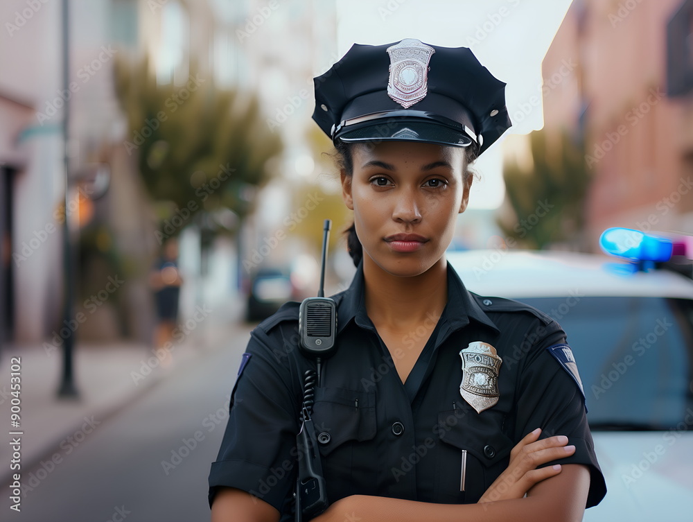 Female police officer: Serious Patrolwoman Stands By Car Looking At Camera, labour day Female police officer: Serious Patrolwoman Stands By Car Looking At Camera, labour day