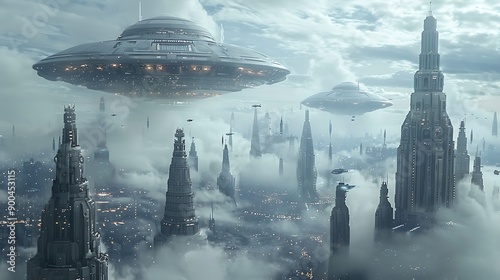 Alien war machines attacking a human colony on a distant planet with futuristic buildings and defensive turrets photo