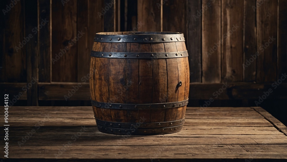 Rustic wooden barrel on old, weathered table Rustic wooden barrel on old, weathered table