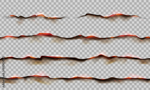 Burning paper edges isolated on transparent background. 3D realistic burnt effect paper edges elements with flame and ash.