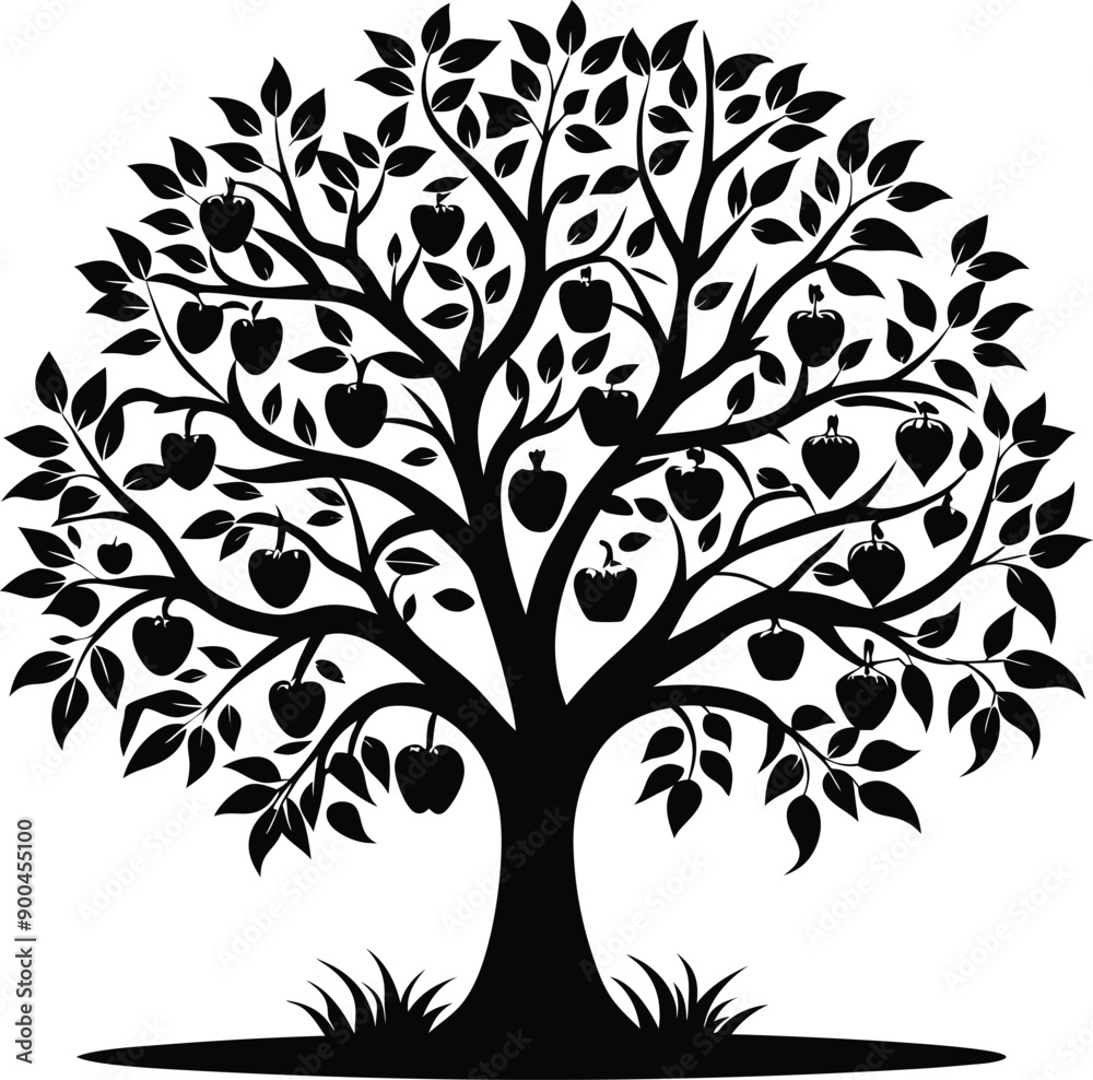Black and white apple tree silhouette