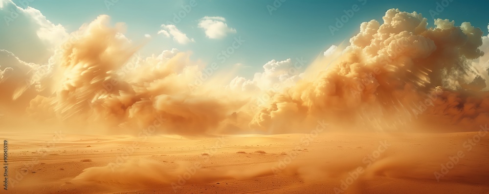 A dust storm in the desert, with huge clouds of sand blowing over the landscape in a cinematic A dust storm in the desert, with huge clouds of sand blowing over the landscape in a cinematic