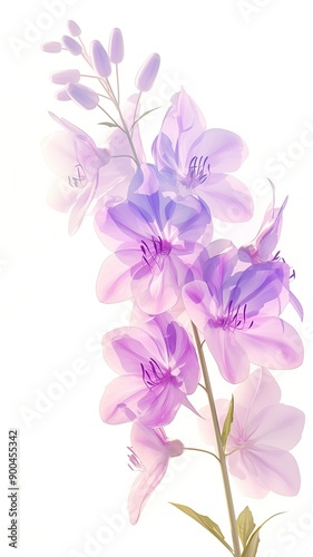 A delicate pink flower with translucent petals stands on its stem against a white background.  Generated AI © Mazayshop