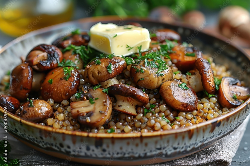 A bowl of buckwheat kasha with roasted mushrooms, garnished with fresh parsley and a pat of butter. A bowl of buckwheat kasha with roasted mushrooms, garnished with fresh parsley and a pat of butter.