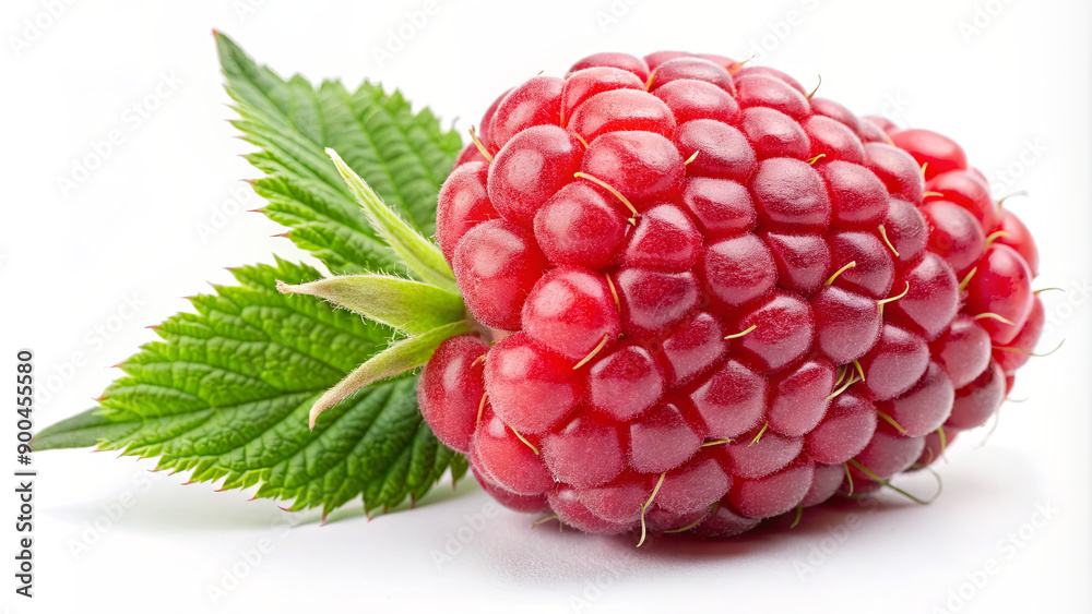 A vibrant red raspberry accompanied by green leaves sits on a plain background, showcasing its juicy texture and natural beauty A vibrant red raspberry accompanied by green leaves sits on a plain background, showcasing its juicy texture and natural beauty