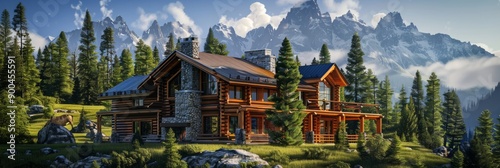 Mountain lodge with a wooden exterior and large stone chimney, nestled among pine trees