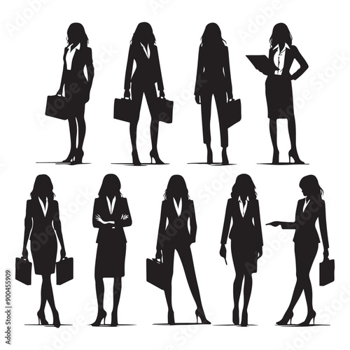 Businesswoman standing position pose vector a set of group black color silhouette
