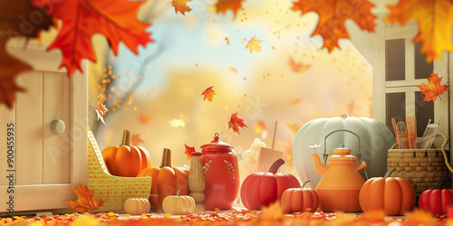 Fall Harvest Sale: An image showcasing seasonal decor, cooking essentials, and cozy home furnishings, set against a backdrop of autumn leaves and pumpkins.