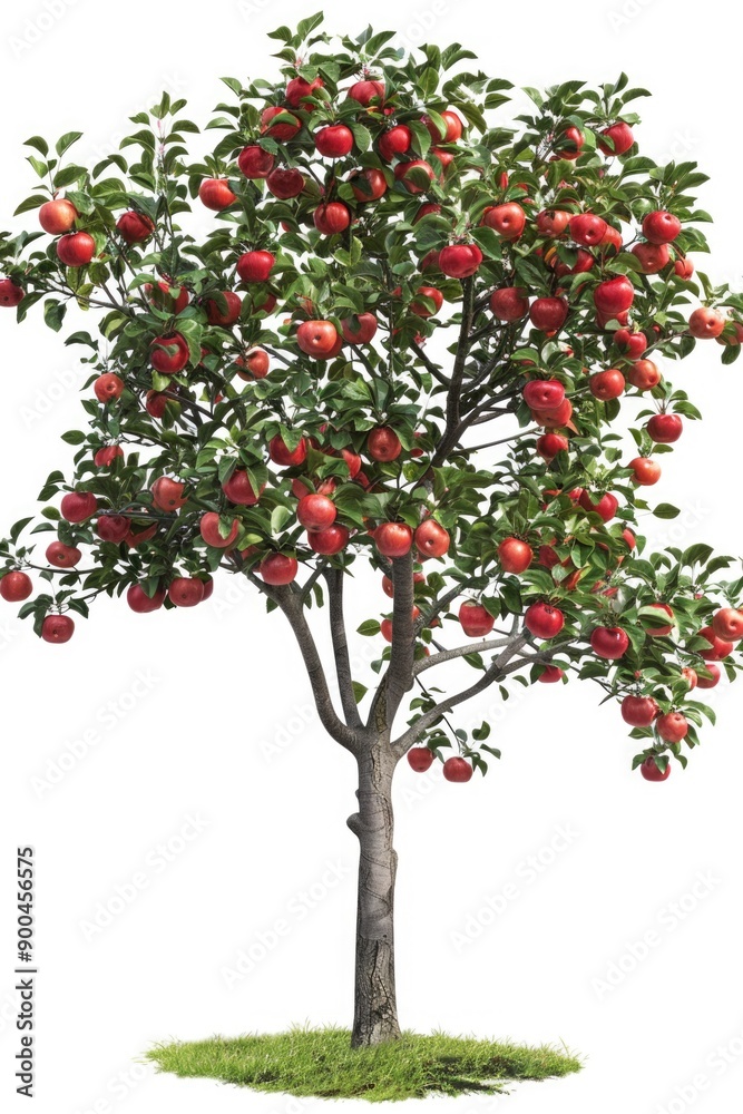 Fototapeta premium A full-grown apple tree with ripe red apples hanging from the branches