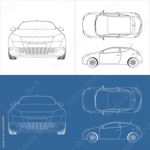 vector coupe hatchback car line art draw blueprint wireframe from all view top corner side back  isolated in transparent background