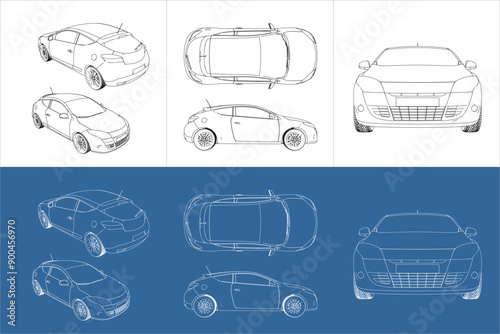 vector coupe hatchback car line art draw blueprint wireframe from all view top corner side back  isolated in transparent background