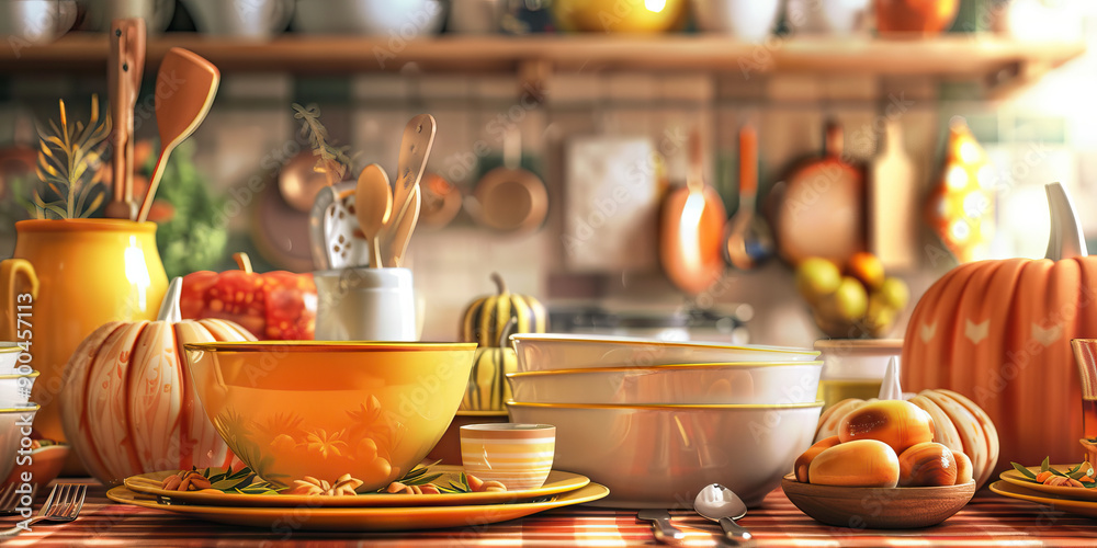 Obraz premium Thanksgiving Feast Sale: An image featuring kitchenware, tableware, and home decor items arranged in a warm and inviting Thanksgiving dinner setting