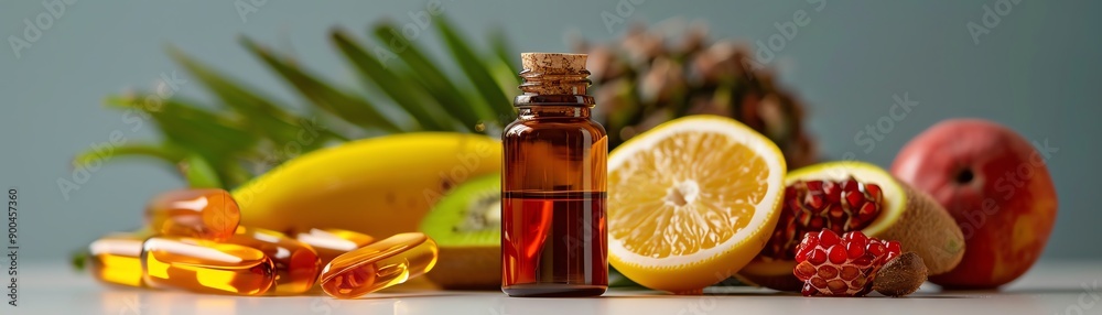 Closeup of tropical fruit extracts on a counter Closeup of tropical fruit extracts on a counter