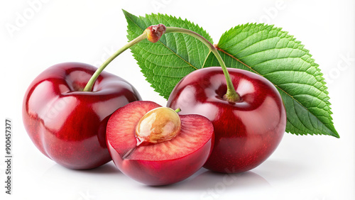 Juicy red cherries with a vibrant green leaf, showcasing both whole fruits and a halved cherry showing its pit