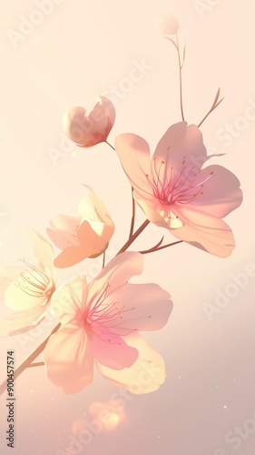 A delicate flower with translucent petals stands on its stem against a white background. Soft pastel colors and minimalism with high detail. generated AI © Mazayshop