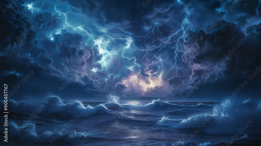 A tempestuous ocean with turbulent waves is at the forefront, with the sea spray rising and crashing against the shore. Above the ocean, a tumultuous sky unfolds, dominated by dark, ominous clouds A tempestuous ocean with turbulent waves is at the forefront, with the sea spray rising and crashing against the shore. Above the ocean, a tumultuous sky unfolds, dominated by dark, ominous clouds
