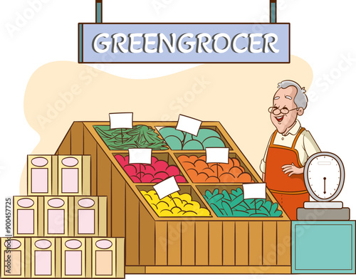 Man standing at the stall of a grocery store or marketplace and selling fruits. Farmer vendor selling food products at the local farmers market. Vector cartoon illustration